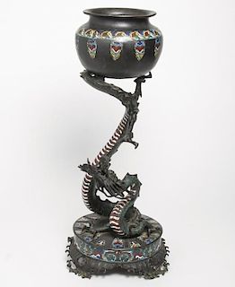 Japanese Champleve Bronze Dragon-Pedestal Bowl
