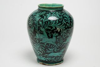 Persian Vase w Turquoise & Black-Glazed Hunt Scene