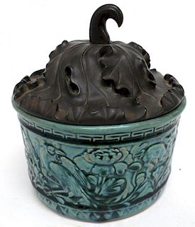 Chinese Glazed Earthenware Jar & Carved Gourd Lid