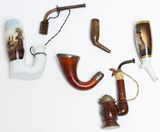 Antique Pipes- 5 Wood, Porcelain, & Silver-Mounted