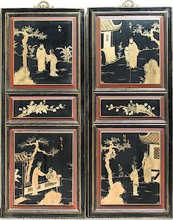 Chinese Black Lacquer & Gilt Panels, Vintage Pair