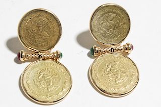 14K Gold, Mexican Coin, Emerald, & Ruby Earrings