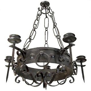 Spanish-Style Black Wrought Iron Candle Chandelier