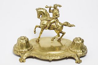 Antique Cast Brass Inkwell with Equestrian Figure