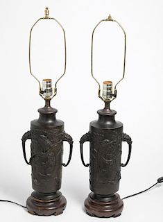 Asian Bronze Table Lamps, Pair