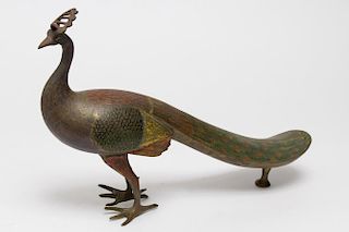 Indian Enameled Brass Peacock Figure, Champleve