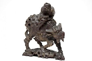 Chinese Hardwood Carving, Boy on Mythical Beast