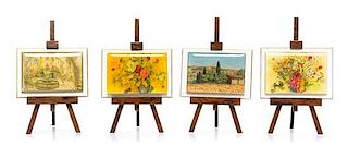 Four Framed Lacquered Prints on Easels, Height of easel 4 1/4 inches.