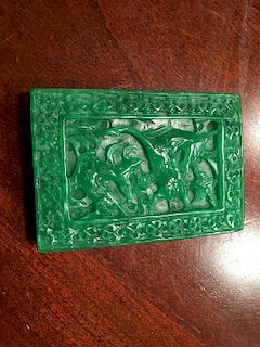 OLD Chinese High quality Green Jade (Feicui) Carvings with Ruri, deer, lingzi and flowers, 2 3/4" x 2" x 1/2"