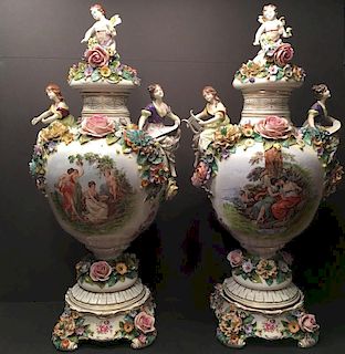 OLD Pair German Sitzendorf Huge Flower Urns, 27" high totally, early 20th century, marked on the bottom
