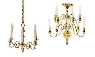 Two Dutch Baroque Style Brass Chandeliers, Height of larger 2 1/4 inches.