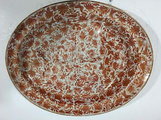 ANTIQUE Chinese Orange Sacred Bird & Butterfly Meat Platter, Ca 1810. 17" x 13 1/2" wide