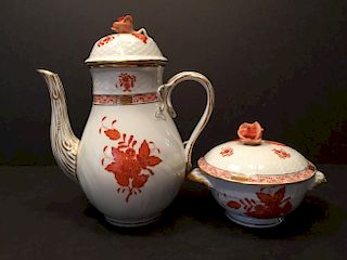FINE Herend Teapot and flower Soup Bowl with Cover. "Chinese Rust Bouquet pattern", teapot  8 1/2" high, bowl 5 1/2" wide x 4