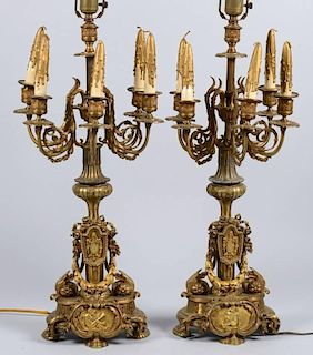 Pr. Bronze French Candleabra Lamps