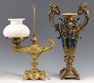Bronze Genie lamp and mounted vase
