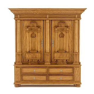 A Continental Style Oak Armoire, Height 7 1/2 x width 7 1/4 x depth 2 7/8 inches.