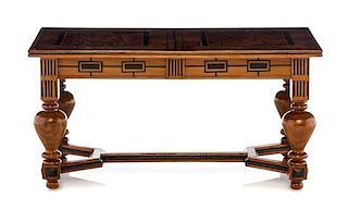 A Continental Yew Wood, Burlwood and Ebony Inlaid Refectory Table, Height 2 1/2 x width 5 x depth 2 1/4 inches.