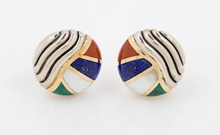 A Pair of Sterling Silver, 18 Karat Yellow Gold, Coral, Lapis Lazuli, Mother-of-Pearl and Malachite Earclips, Asch Grossbardt