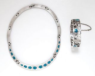 A Collection of Sterling Silver and Turquoise Chip Inlay Jewelry, Taxco, 74.80 dwts.