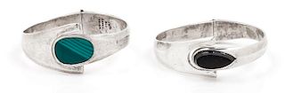 A Collection of Sterling Silver and Glass Bangle Bracelets, Taxco, 72.00 dwts.