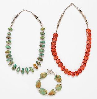 A Collection of Silver, Turquoise and Coral Bead Jewelry,