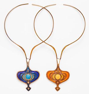 A Pair of Mid-Century Modern Copper and Polychrome Enamel Pendant/Collars, Unn Tangerud for David Andersen, 53.60 dwts.