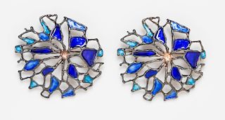 A Pair of Brutalist Sterling Silver and Polychrome Enamel Pendant/Brooches, Karl J-rgen Otteran for David Andersen, 29.5