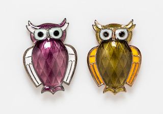 A Pair of Gilt Silver and Polychrome Enamel Owl Brooches, David Andersen, 12.20 dwts.