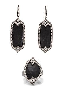 An Oxidized Sterling Silver, Diamond, and Onyx Demi Parure, 15.70 dwts.