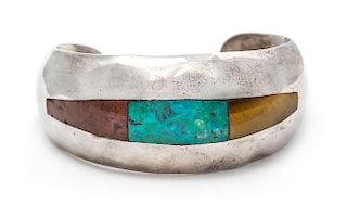 A Sterling Silver and Hardstone Cuff Bracelet, Taxco, 26.20 dwts.