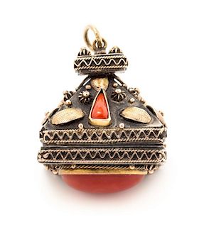 A Silver, Yellow Gold and Coral Locket Pendant, 13.50 dwts.
