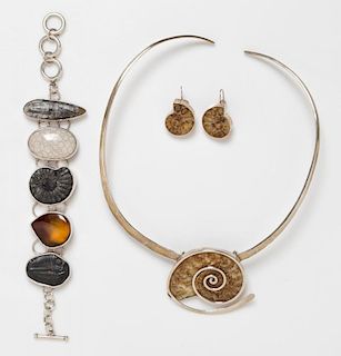 A Collection of Sterling Silver, Fossil and Hardstone Jewelry, 102.50 dwts.