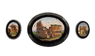 Three Italian Grand Tour Micromosaic Medallions, Width of largest 1 1/2 inches.