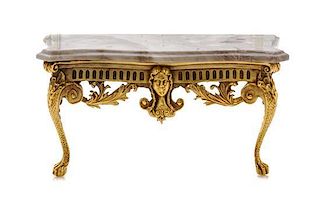 A Neoclassical Style Gilt Metal and Marble Console Table, Height 3 x width 4 1/2 x depth 2 inches.