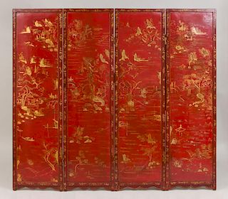 Chinese Export Red Lacquer Five-Panel Screen