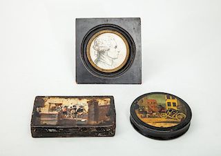 Victorian Papier Maché Patch Box, 'Life in London'; a French Tin Tobacco Box; and an Engraved Portrait Profile Miniature