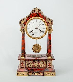 French Gilt-Metal-Mounted Faux Red Tortoiseshell Small Pillar Clock
