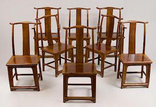 Set of Eight Chinese Elm Dining Chairs, Modern