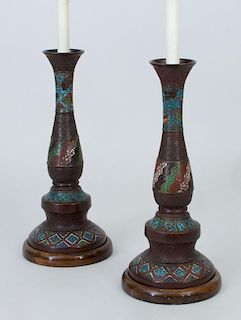 Pair of Chinese Cloisonné Candlestick Lamps