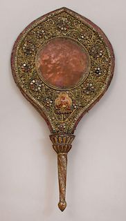 Large Himalayan Ceremonial Repoussé Copper Fan with Ornate Inlay