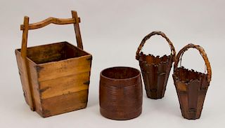 Pair of Japanese Wicker-Bound Stained Wood Buckets