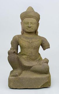 Khmer Style Carved Stone Figure of a Priest