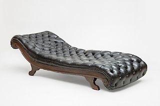 Classical Oak and Tufted Leather Recamier