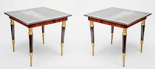 Pair of Walnut Ebonized and Parcel-Gilt Side Tables with Marble Tops