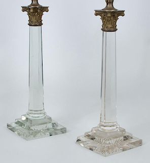 Pair of Brass-Mounted Glass Columnar-Form Table Lamps