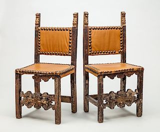 Pair of Spanish Baroque Style Stained and Painted Side Chairs