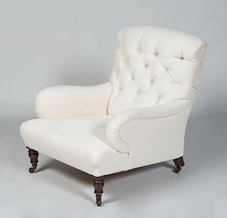Victorian Mahogany Tufted Muslin-Upholstered Library Armchair