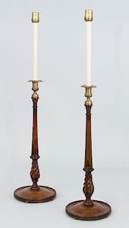 Pair of Edwardian Mahogany Tall Candlestick Lamps
