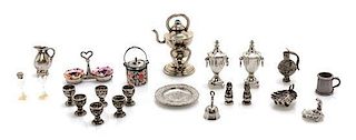 A Group of Silver Miniature Table Articles, Height of kettle on lampstand 1 1/2 inches.