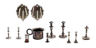 A Group of Silver Miniature Lighting Articles, Height of sconces 1 1/2 inches.